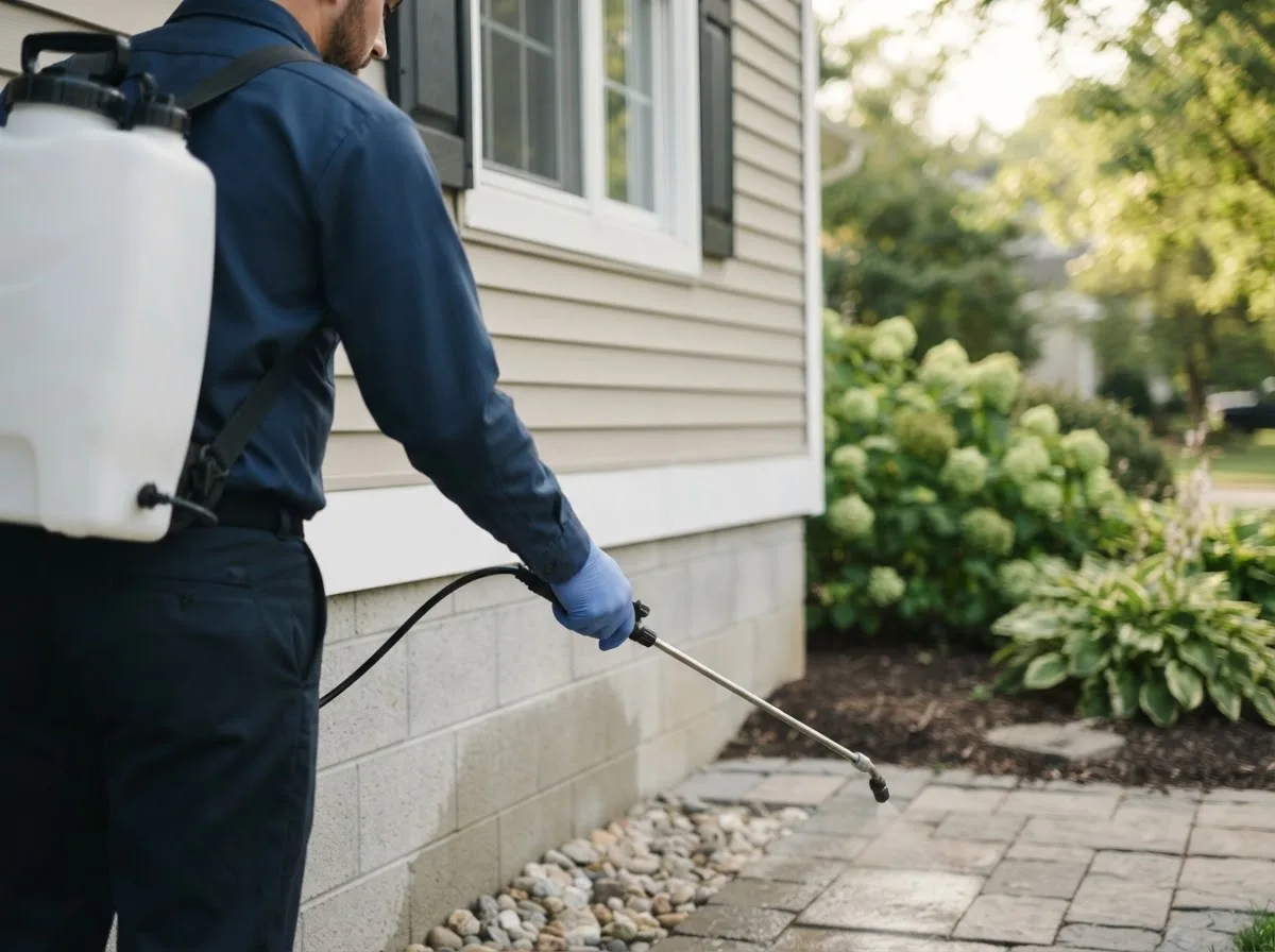 Pest control technician inspecting a home in Centerville, MA